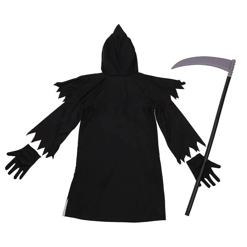 Halloween Costume for Kids Glow Grim Reaper Boys Girls Cosplay Scary Black White Gown Glove Sickle Animation Clothes Suits