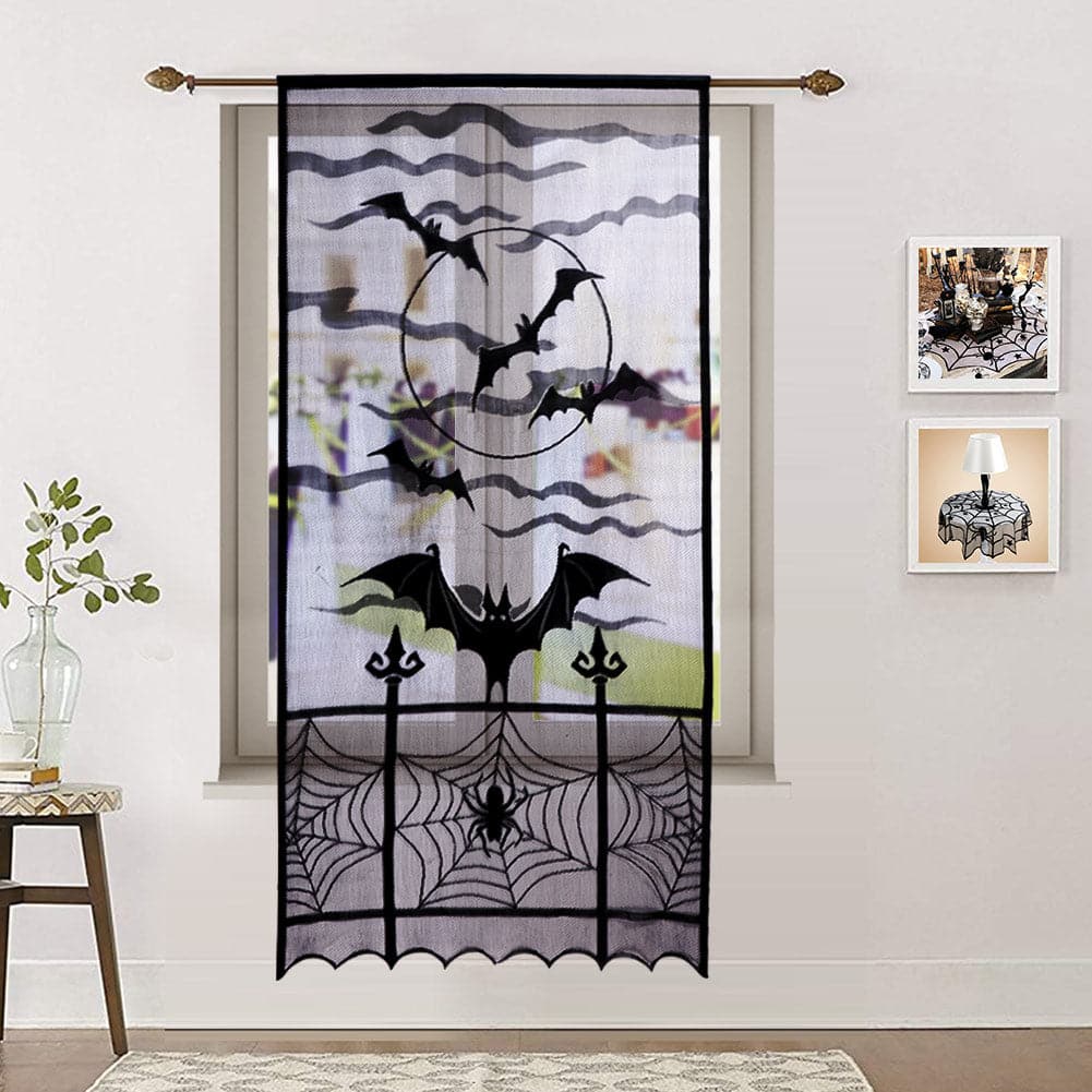 OurWarm Halloween Curtains Black Bat Halloween Lace Window Curtain Lace Door Curtain Panels for Halloween Window Decoration