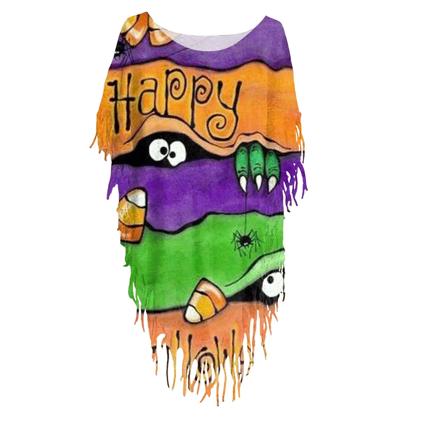 Halloween Funny Eyes Printed Cape Shirts For Women Long-Style Tassel Tops Crew-Neck Short Sleeve Blouses 2024 Blusas Para Mujer