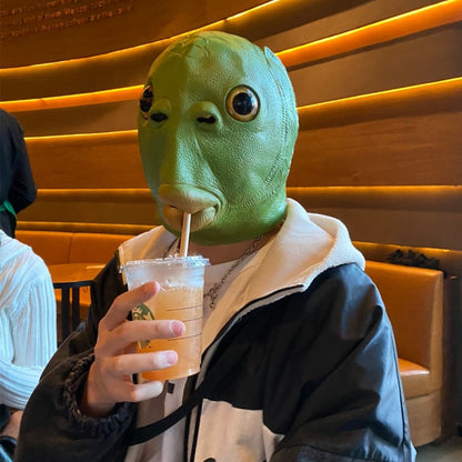 Eraspooky 2020 HOT Funny Green Fish Head Masks Cosplay Halloween Costume For Adult Purim Xmas Party Props Animal Latex Headgear