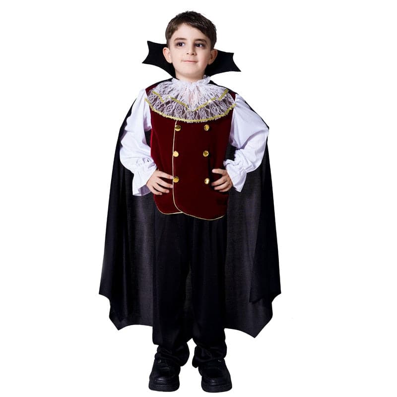 Kids Vampire Costume Capes Robes Black Red Deluxe Fantasia Dress Up Girl Boys Halloween Shirt Vest Pants Cloak Sets Full Length